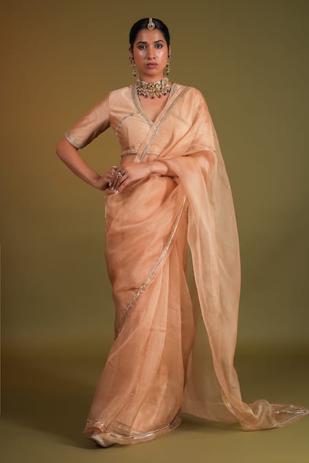 Kalakari by Akanksha Pink Pure Silk Organza Embroidery Sequin Lace Champa Border Saree With Blouse 