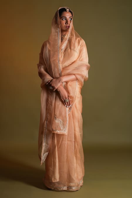 Shop_Kalakari By Akanksha_Pink Organza, Champa Lace Border Embroidered Saree With Blouse _Online_at_Aza_Fashions