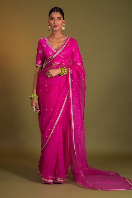 Kalakari by Akanksha Pink Pure Silk Organza Embroidery Sadabahar Embellished Saree With Blouse 