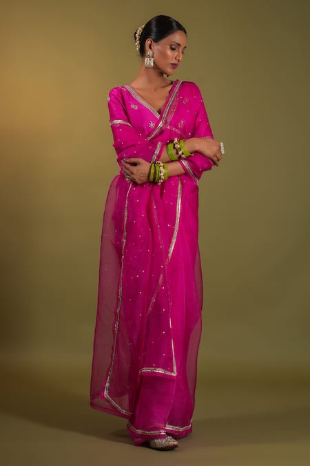 Buy_Kalakari By Akanksha_Pink Organza, Sequins V-neck Sadabahar Embellished Saree With Blouse _Online_at_Aza_Fashions