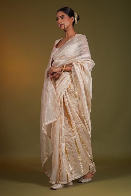 Buy_Kalakari By Akanksha_Beige Organza, Gota Nargis Striped Embellished Saree With Blouse _Online_at_Aza_Fashions
