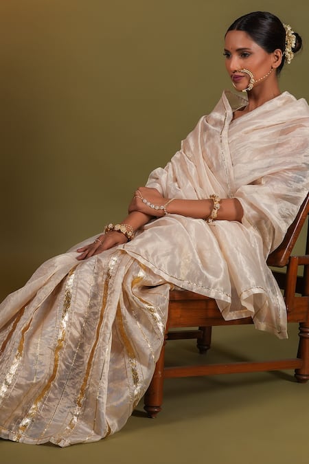 Shop_Kalakari By Akanksha_Beige Organza, Gota Nargis Striped Embellished Saree With Blouse _Online_at_Aza_Fashions