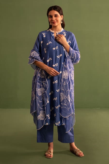 Kameez Blue Chanderi Embroidery Blossom Bud Mandarin Collar Kurta Pant Set 