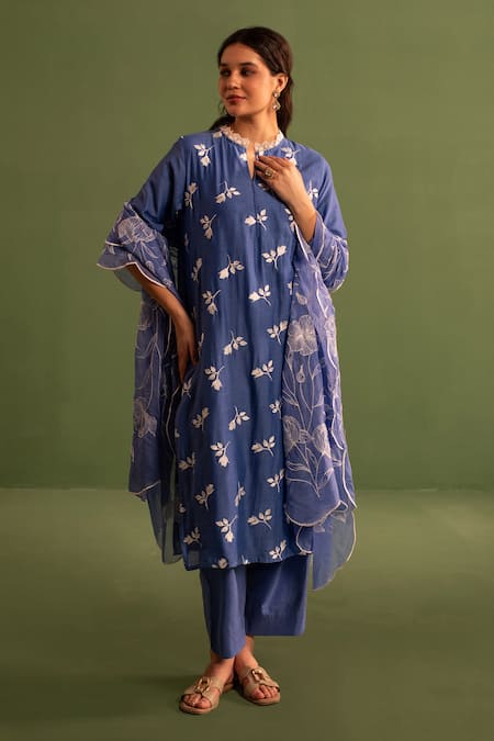 Kameez Blue , Chanderi, Satin Lace, Embroidery Blossom Bud Kurta Pant Set Online at Aza Fashions Kameez_Blue , Chanderi, Satin Lace, Embroidery Blossom Bud Kurta Pant Set _Online_at_Aza_Fashions