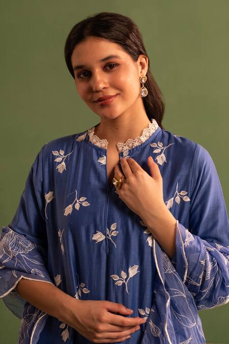 Buy Kameez Blue , Chanderi, Satin Lace, Embroidery Blossom Bud Kurta Pant Set Online at Aza Fashions Buy_Kameez_Blue , Chanderi, Satin Lace, Embroidery Blossom Bud Kurta Pant Set _Online_at_Aza_Fashions