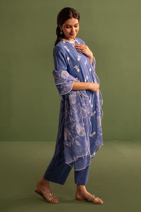 Shop Kameez Blue , Chanderi, Satin Lace, Embroidery Blossom Bud Kurta Pant Set Online at Aza Fashions Shop_Kameez_Blue , Chanderi, Satin Lace, Embroidery Blossom Bud Kurta Pant Set _Online_at_Aza_Fashions