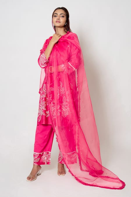 Kameez Pink Chanderi Embroidery Rosa Notched Round Neck Delight Kurta Pant Set 