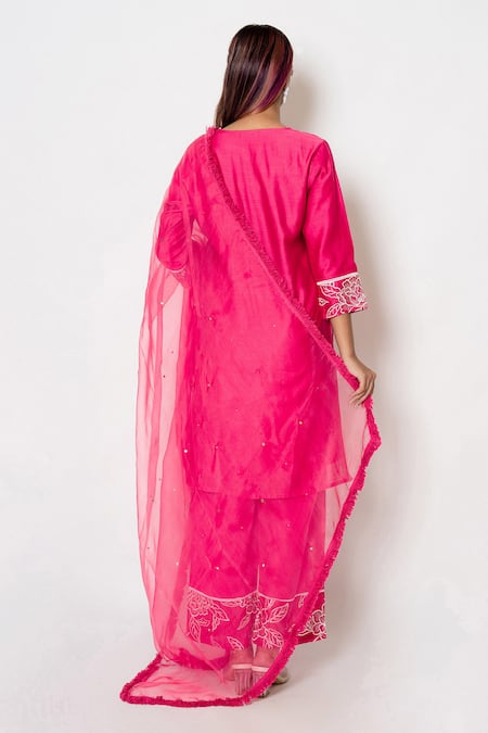 Shop_Kameez_Pink Cotton, Chanderi, Organza Embroidery Round Rosa Delight Kurta Pant Set _at_Aza_Fashions