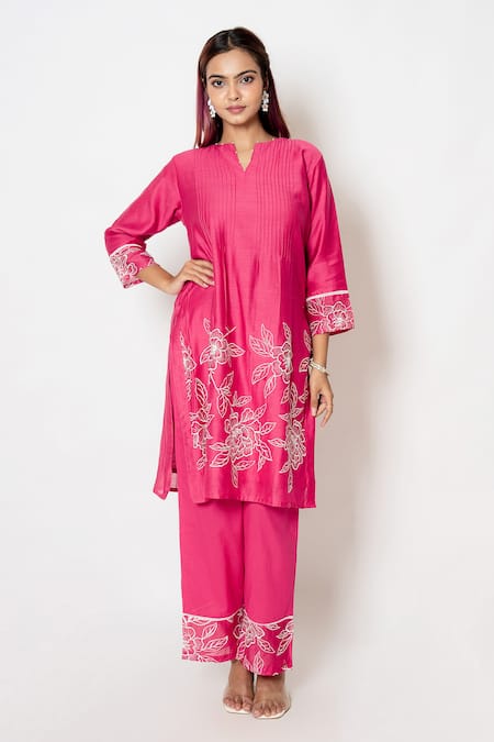 Kameez_Pink Cotton, Chanderi, Organza Embroidery Round Rosa Delight Kurta Pant Set _Online_at_Aza_Fashions