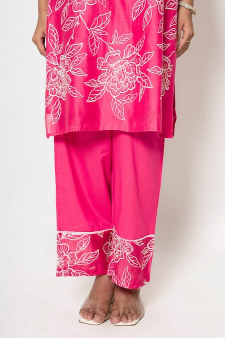Buy_Kameez_Pink Cotton, Chanderi, Organza Embroidery Round Rosa Delight Kurta Pant Set _Online_at_Aza_Fashions
