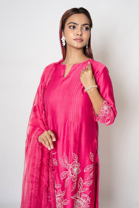 Shop_Kameez_Pink Cotton, Chanderi, Organza Embroidery Round Rosa Delight Kurta Pant Set _Online_at_Aza_Fashions