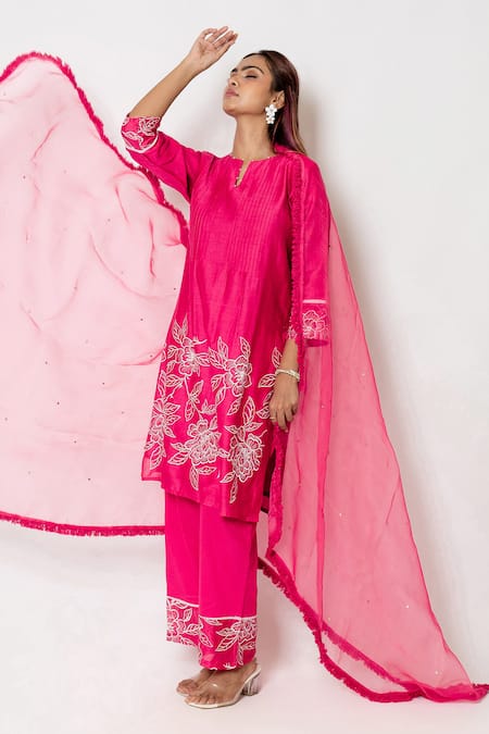 Kameez_Pink Cotton, Chanderi, Organza Embroidery Round Rosa Delight Kurta Pant Set _at_Aza_Fashions