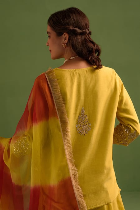 Shop Kameez Yellow Chanderi, Silk Organza Sequins, Embroidery, Gullista Kurta Lehenga Set at Aza Fashions Shop_Kameez_Yellow Chanderi, Silk Organza Sequins, Embroidery, Gullista Kurta Lehenga Set _at_Aza_Fashions
