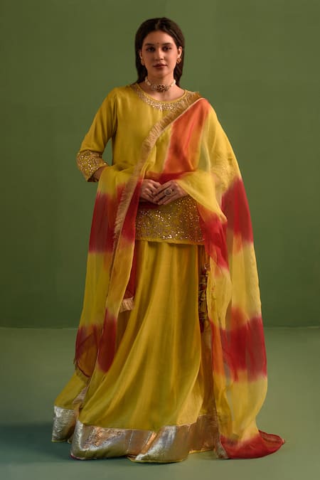 Kameez Yellow Chanderi, Silk Organza Sequins, Embroidery, Gullista Kurta Lehenga Set Online at Aza Fashions Kameez_Yellow Chanderi, Silk Organza Sequins, Embroidery, Gullista Kurta Lehenga Set _Online_at_Aza_Fashions