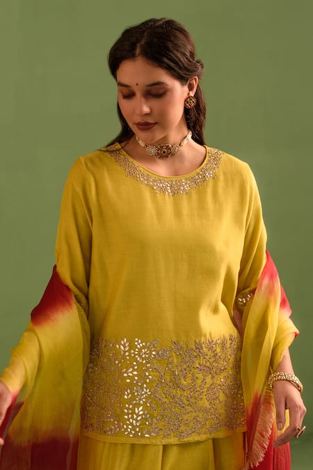 Shop Kameez Yellow Chanderi, Silk Organza Sequins, Embroidery, Gullista Kurta Lehenga Set Online at Aza Fashions Shop_Kameez_Yellow Chanderi, Silk Organza Sequins, Embroidery, Gullista Kurta Lehenga Set _Online_at_Aza_Fashions