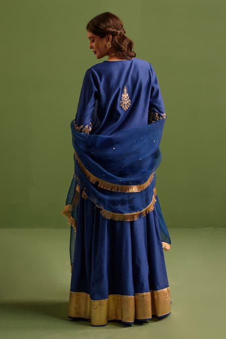 Shop_Kameez_Blue Chanderi, Silk Organza, Cotton Gota Patti, Gulshan Kurta Lehenga Set _at_Aza_Fashions