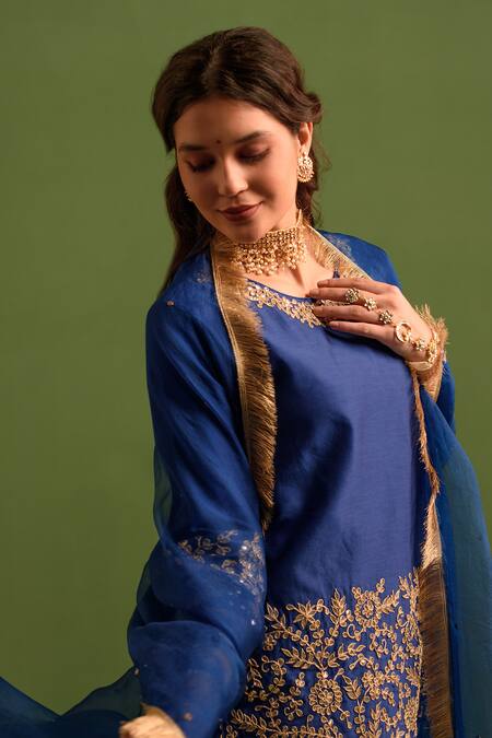 Kameez_Blue Chanderi, Silk Organza, Cotton Gota Patti, Gulshan Kurta Lehenga Set _Online_at_Aza_Fashions