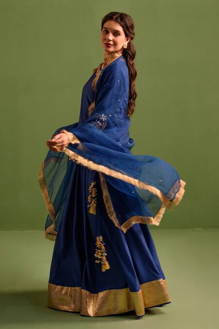Buy_Kameez_Blue Chanderi, Silk Organza, Cotton Gota Patti, Gulshan Kurta Lehenga Set _Online_at_Aza_Fashions