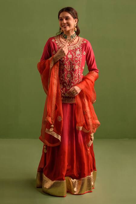 Kameez_Red Chanderi, Silk Organza Embroidery, Gota Patti Bahar Kurta Lehenga Set _Online_at_Aza_Fashions