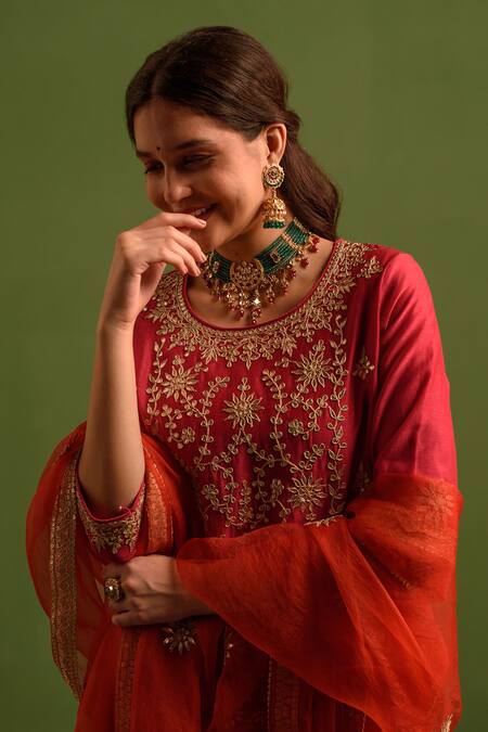 Buy_Kameez_Red Chanderi, Silk Organza Embroidery, Gota Patti Bahar Kurta Lehenga Set _Online_at_Aza_Fashions