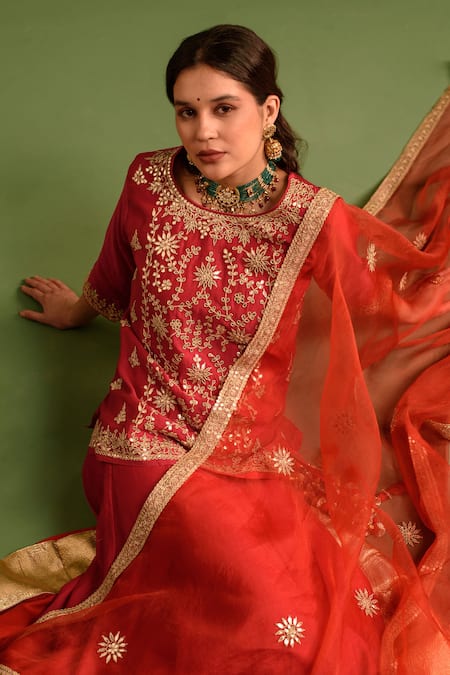 Shop_Kameez_Red Chanderi, Silk Organza Embroidery, Gota Patti Bahar Kurta Lehenga Set _Online_at_Aza_Fashions