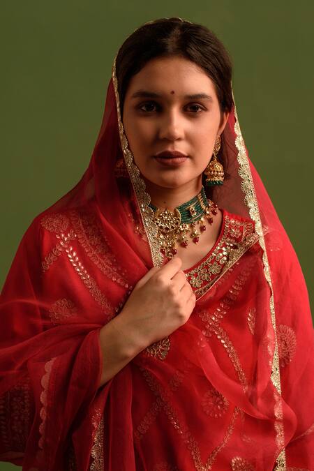 Shop_Kameez_Pink Chanderi, Silk Organza Embroidery, Phool Jaal Marodi Kurta Lehenga Set _Online_at_Aza_Fashions