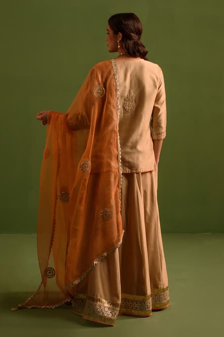 Shop_Kameez_Gold Chanderi, Silk Organza Embroidery, Lace, Gul Jaal Marodi Kurta Lehenga Set _at_Aza_Fashions