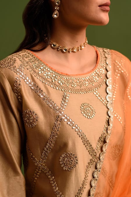 Kameez_Gold Chanderi, Silk Organza Embroidery, Lace, Gul Jaal Marodi Kurta Lehenga Set _Online_at_Aza_Fashions