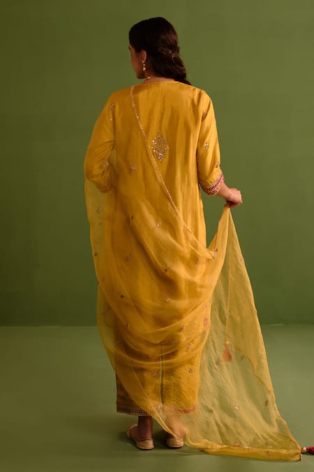 Shop_Kameez_Yellow Organza, Silk Embroidery, Lace, Tassels Gulbahar Marodi Kurta Pant Set _at_Aza_Fashions