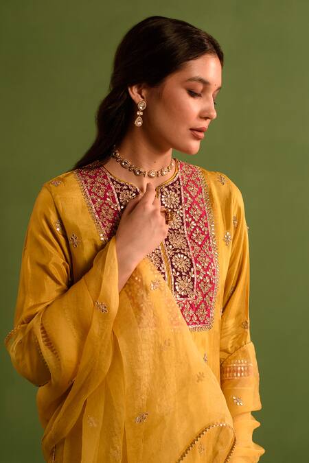 Kameez_Yellow Organza, Silk Embroidery, Lace, Tassels Gulbahar Marodi Kurta Pant Set _Online_at_Aza_Fashions