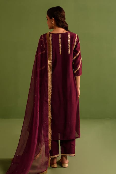 Shop_Kameez_Wine Chanderi, Organza Metallic Thread, Embroidery, Bloom Marodi Kurta Pant Set _at_Aza_Fashions