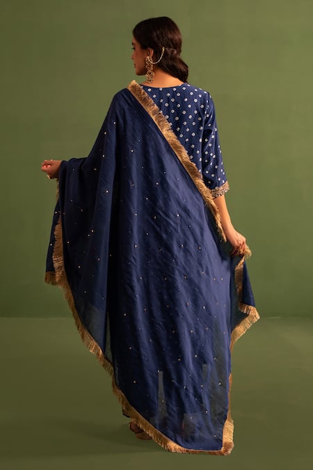 Shop_Kameez_Blue Chanderi, Cotton Mirrors, Blossom Embroidered Bandhej Kurta Pant Set _at_Aza_Fashions