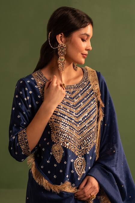 Buy_Kameez_Blue Chanderi, Cotton Mirrors, Blossom Embroidered Bandhej Kurta Pant Set _Online_at_Aza_Fashions