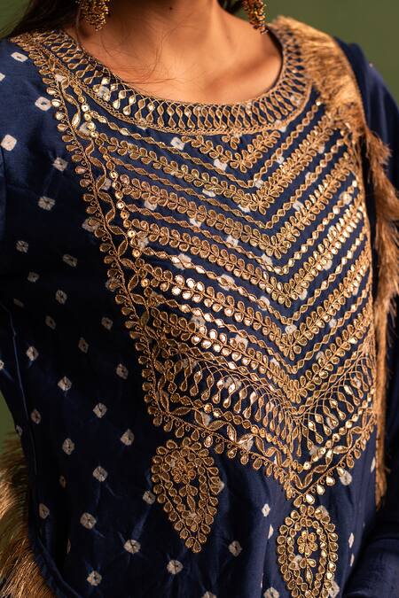 Shop_Kameez_Blue Chanderi, Cotton Mirrors, Blossom Embroidered Bandhej Kurta Pant Set _Online_at_Aza_Fashions