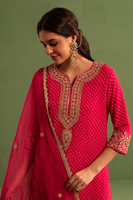 Buy_Kameez_Pink Chanderi, Georgette, Organza Gota Mothra Print Bloom Kurta Pant Set _Online_at_Aza_Fashions