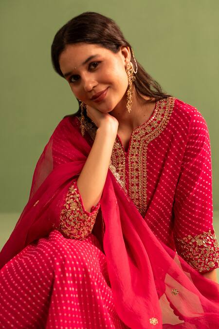Shop_Kameez_Pink Chanderi, Georgette, Organza Gota Mothra Print Bloom Kurta Pant Set _Online_at_Aza_Fashions