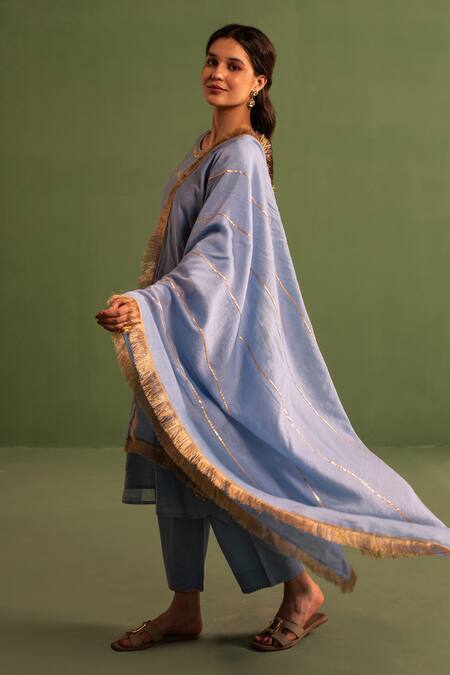Kameez Blue Chanderi, Cotton Embroidery, Lace, Gota Damaskia Bloom Kurta Pant Set Online at Aza Fashions Kameez_Blue Chanderi, Cotton Embroidery, Lace, Gota Damaskia Bloom Kurta Pant Set _Online_at_Aza_Fashions