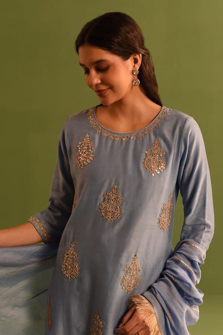 Buy_Kameez_Blue Chanderi, Cotton Embroidery, Lace, Gota Damaskia Bloom Kurta Pant Set _Online_at_Aza_Fashions