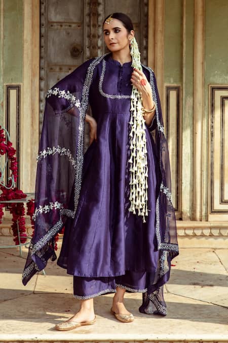 Shop Maison Shefali Purple Chanderi , Organza Zari Vintage Zardozi A-line Kurta Set Online at Aza Fashions Shop_Maison Shefali_Purple Chanderi , Organza Zari Vintage Zardozi A-line Kurta Set _Online_at_Aza_Fashions