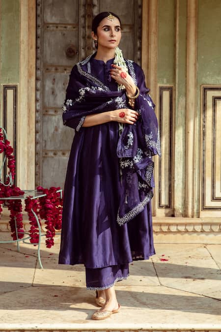 Buy Maison Shefali Purple Chanderi , Organza Zari Vintage Zardozi A-line Kurta Set Buy_Maison Shefali_Purple Chanderi , Organza Zari Vintage Zardozi A-line Kurta Set