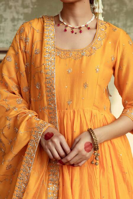 Maison Shefali Yellow Chanderi Silk Gota Patti, Cut Work, Zardozi Detailed Kalidar Kurta Set Online at Aza Fashions Maison Shefali_Yellow Chanderi Silk Gota Patti, Cut Work, Zardozi Detailed Kalidar Kurta Set _Online_at_Aza_Fashions