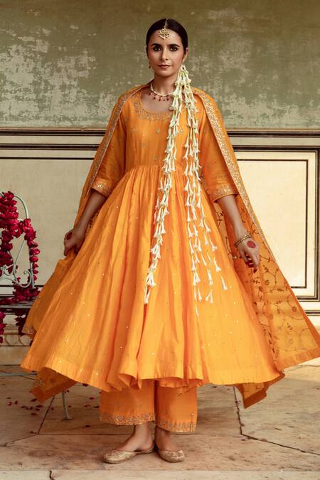 Shop Maison Shefali Yellow Chanderi Silk Gota Patti, Cut Work, Zardozi Detailed Kalidar Kurta Set Online at Aza Fashions Shop_Maison Shefali_Yellow Chanderi Silk Gota Patti, Cut Work, Zardozi Detailed Kalidar Kurta Set _Online_at_Aza_Fashions