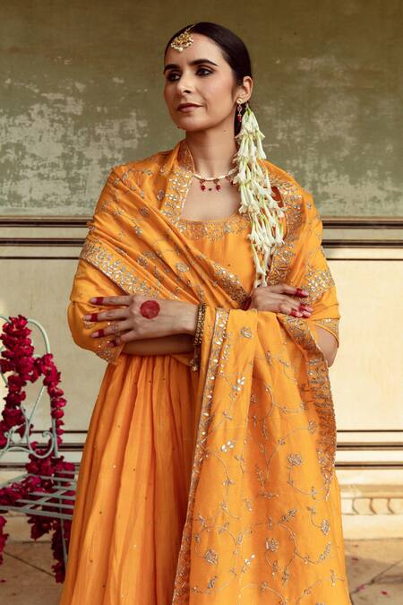 Maison Shefali Yellow Chanderi Silk Gota Patti, Cut Work, Zardozi Detailed Kalidar Kurta Set at Aza Fashions Maison Shefali_Yellow Chanderi Silk Gota Patti, Cut Work, Zardozi Detailed Kalidar Kurta Set _at_Aza_Fashions