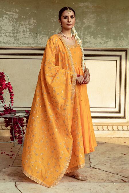 Buy Maison Shefali Yellow Chanderi Silk Gota Patti, Cut Work, Zardozi Detailed Kalidar Kurta Set Buy_Maison Shefali_Yellow Chanderi Silk Gota Patti, Cut Work, Zardozi Detailed Kalidar Kurta Set