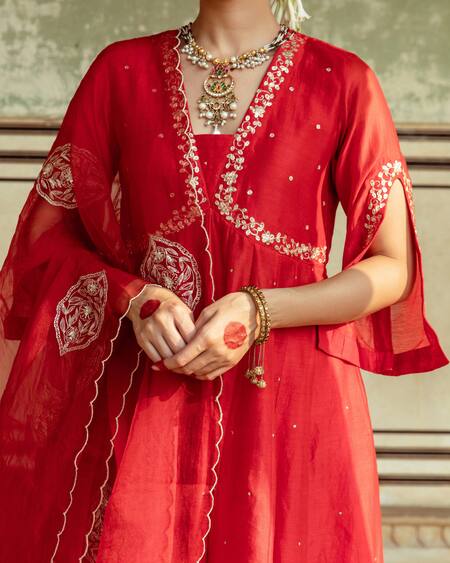 Maison Shefali Red , Organza, Zari Embroidered Anarkali Sharara Set Online at Aza Fashions Maison Shefali_Red , Organza, Zari Embroidered Anarkali Sharara Set _Online_at_Aza_Fashions