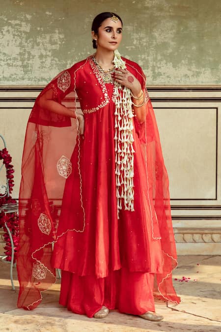 Buy Maison Shefali Red , Organza, Zari Embroidered Anarkali Sharara Set Online at Aza Fashions Buy_Maison Shefali_Red , Organza, Zari Embroidered Anarkali Sharara Set _Online_at_Aza_Fashions