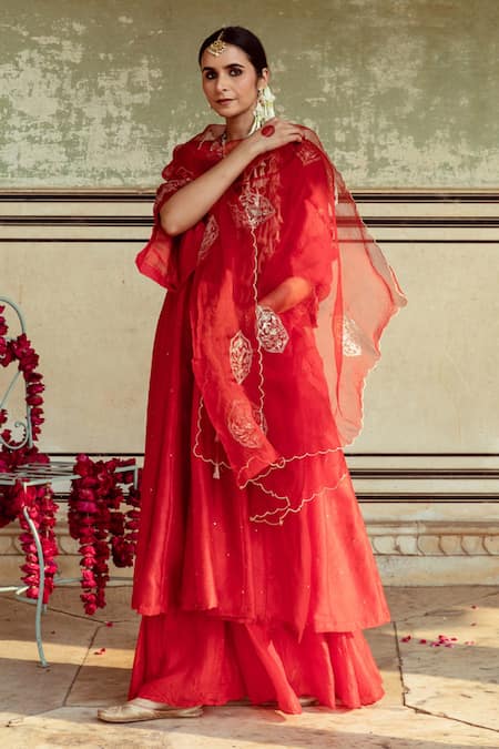 Shop Maison Shefali Red , Organza, Zari Embroidered Anarkali Sharara Set Online at Aza Fashions Shop_Maison Shefali_Red , Organza, Zari Embroidered Anarkali Sharara Set _Online_at_Aza_Fashions
