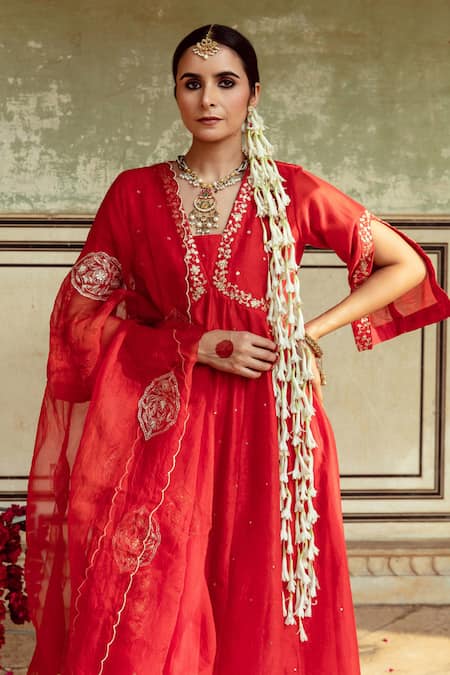 Buy Maison Shefali Red , Organza, Zari Embroidered Anarkali Sharara Set Buy_Maison Shefali_Red , Organza, Zari Embroidered Anarkali Sharara Set