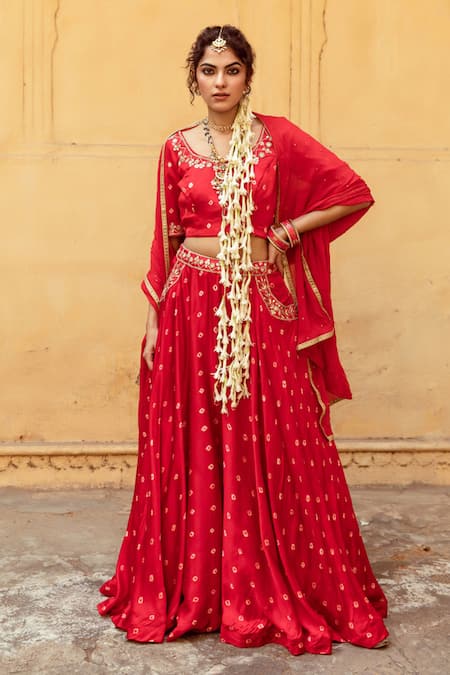 Maison Shefali Red Satin Silk Printed Marodi Round Bandhej Lehenga Blouse Set 