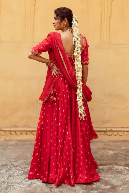 Shop Maison Shefali Red Satin, Chiffon, Silk Sequins, Lace, Bandhej Print Lehenga Blouse Set at Aza Fashions Shop_Maison Shefali_Red Satin, Chiffon, Silk Sequins, Lace, Bandhej Print Lehenga Blouse Set _at_Aza_Fashions